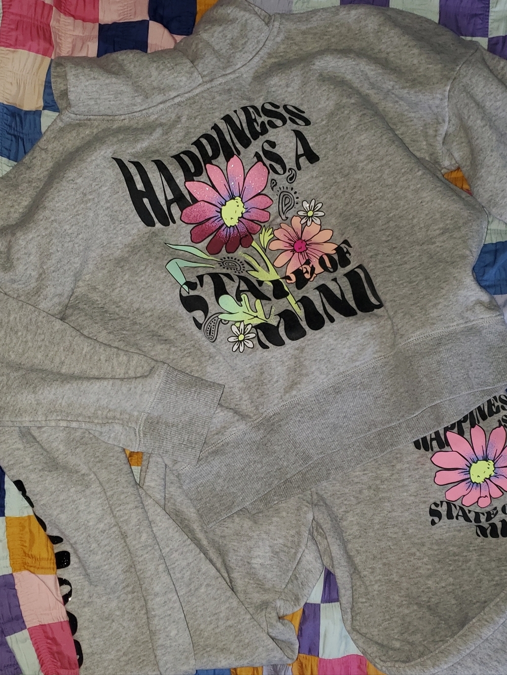 Justice Gray Floral Graphic Sweatsuit - "Happiness Is A State Of Mind"